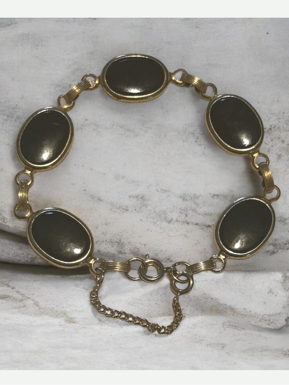 Vintage 12k GF Black Onyx Oval Stone Link Bracelet -Safety Chain